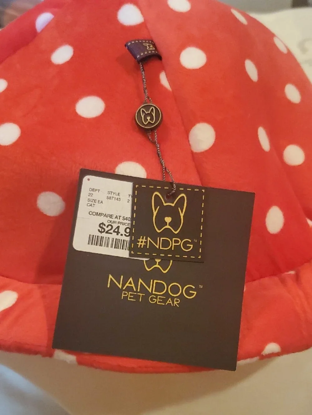 Nandog Red Polka Dot Plush Pet Cave Bed